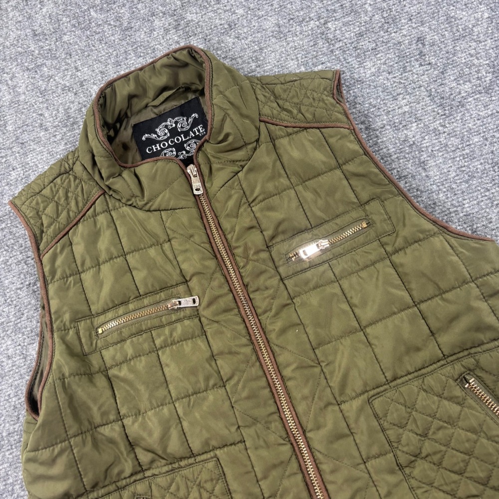 Chocolate USA Quilted Puffer Vest Large Olive Green Full Zip Utility Women's